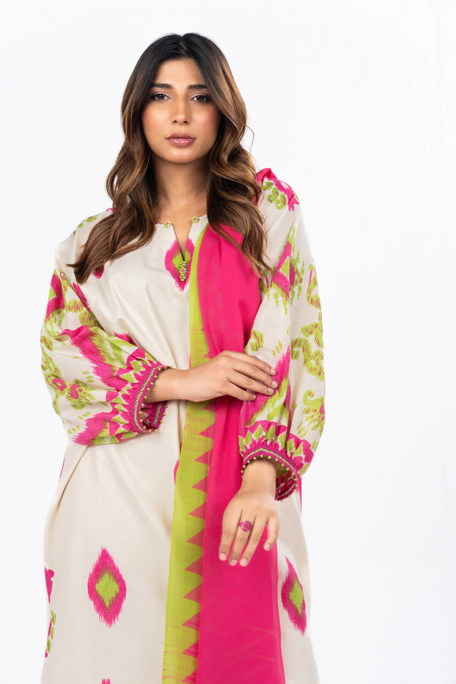 3 Pc Dyed Embroidered Light Cambric Shirt With Printed Chiffon Dupatta - Image 3